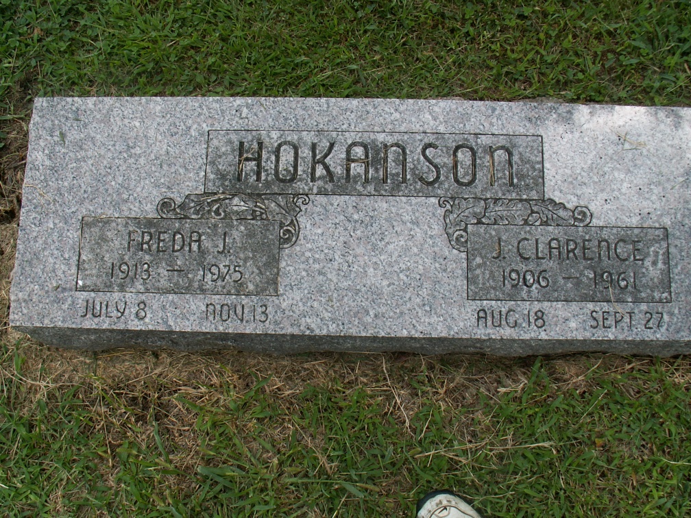 Hokanson, Freda J July 8, 1913 - Nov 13, 1875  J. Clarence Aug 18, 1906 - Sep 27 1961